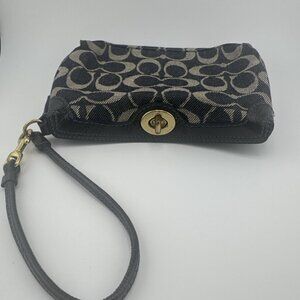 Coach Signature Denim Gold Top Turn lock Large Wristlet 8x5x2” VGUC